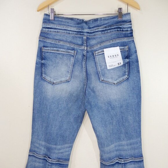CEROS Mid Rise Super Flare JEANS Size 31 Blue Denim Back Slit NEW - Picture 9 of 12